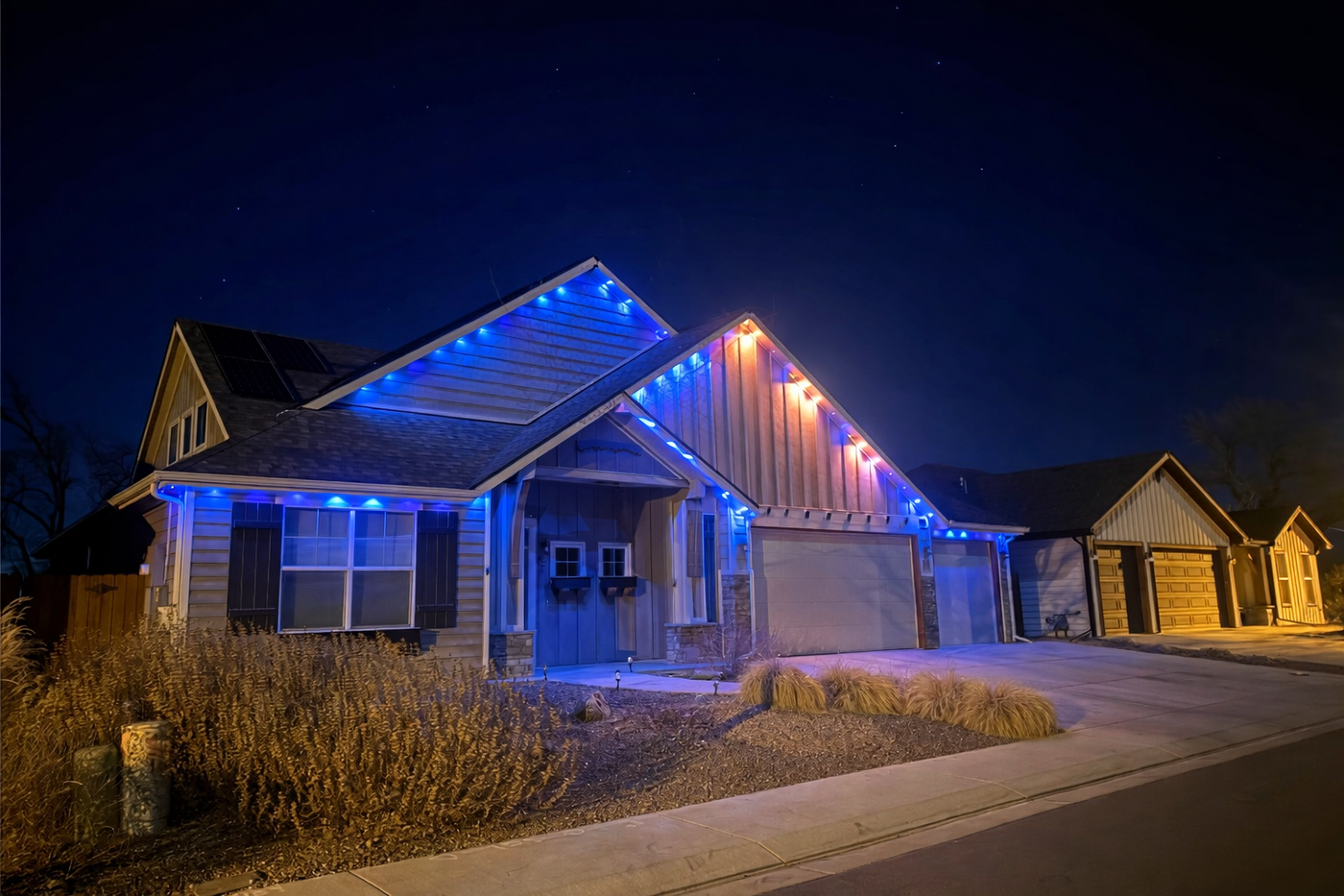 Home lit with red and blue permanent lights